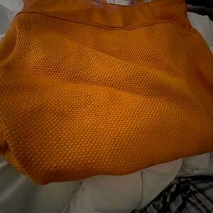 Orange Mustard Canvas and Leather Textured Tote Bag